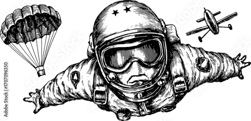 Astronaut in vintage suit with parachute and plane. Retro vector illustration showing aerial flight and exploration set.