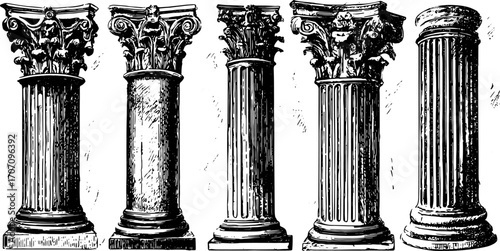 Vintage column illustration in line drawing style. Detailed vector set of architectural elements in black and white.