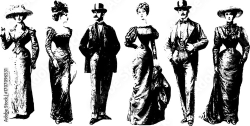 Vintage engravings set of formal attire in black and white. Includes detailed illustrations of ladies and men clothing designs in vector format.