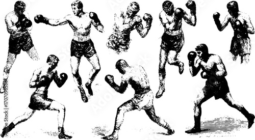 Vintage boxing fighters engaged in various action poses. This classic vector illustration captures the essence of the sport in a set format.