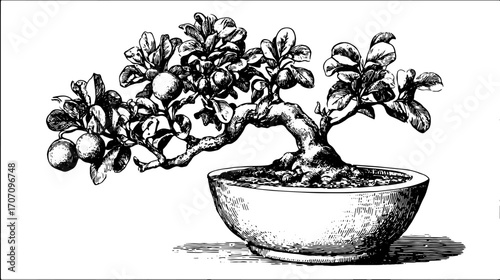 Bonsai tree with fruit and leaves in a pot. Black and white lineart vector illustration with realistic details.