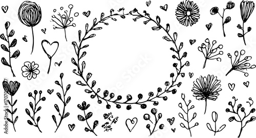 Flower and plant doodles in black and white. Simple vector illustration with decorative hearts in a set of designs.
