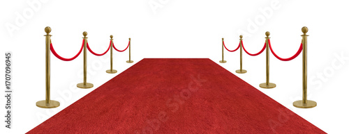 Fotografie Perspective view red velvet rope barrier and golden poles and red carpet isolate