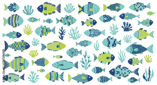 Illustration of collection of various stylized fish and seaweed