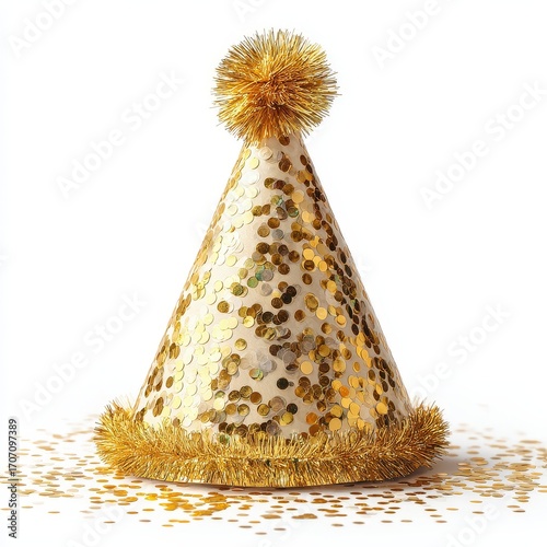 Golden Celebration: A festive gold party hat, adorned with sequins and a playful pom-pom, rests amidst scattered confetti, creating a sense of joy and celebration. 