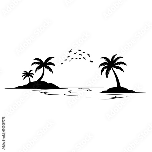 palm trees on the beach, palm, beach, tree, island, tropical, sea, summer, vector, sun, illustration, nature, travel, ocean, sunset, landscape, silhouette, water, sky, vacation, paradise, sand, exotic