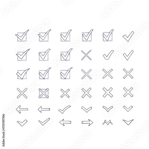 Illustration of collection of handdrawn check marks and crosses isolated on white