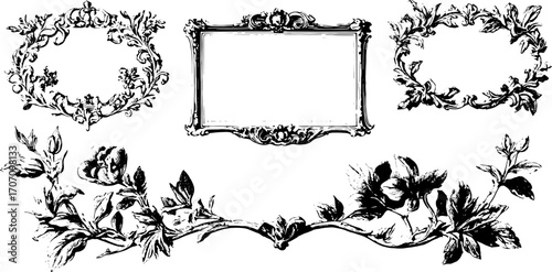 Vintage frame illustrations. Decorative engravings featuring floral designs in black and white, set in a vector format for various uses.