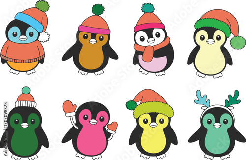 Collection of Adorable Cartoon Penguins Dressed in Winter Accessories and Festive Attire with Cheerful and Playful Designs