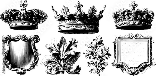 Vintage crown and shield illustrations with floral elements. Decorative vector illustration set, perfect for classic design and ornate backgrounds.