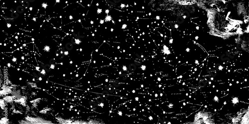 Stars and constellations in a black and white vector illustration. Vintage astronomical map set featuring detailed celestial patterns.