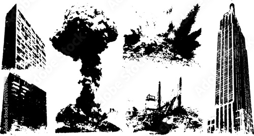 Nuclear explosion and destruction illustrated with building silhouettes. Black and white vector illustration showcases urban devastation in a set format.