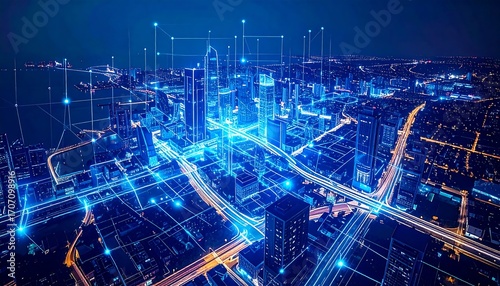 Aerial view of a city at night, overlaid with digital connections