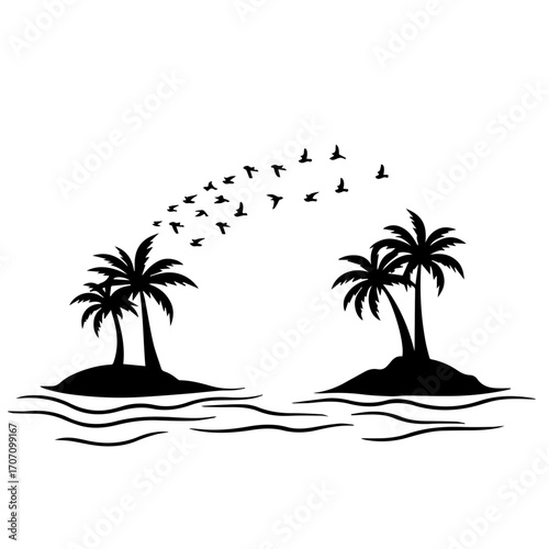 palm trees on the beach, palm, beach, tree, island, tropical, sea, summer, vector, sun, illustration, nature, travel, ocean, sunset, landscape, silhouette, water, sky, vacation, paradise, sand, exotic