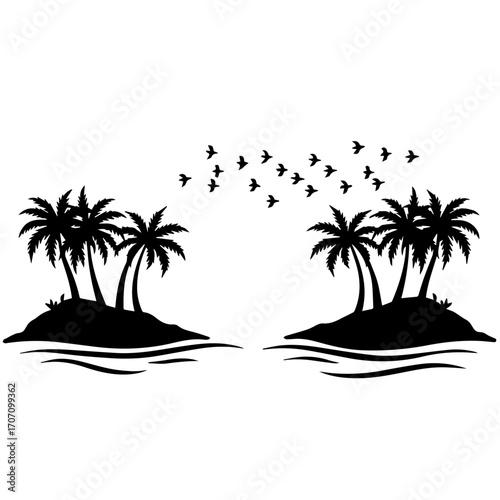 palm trees on the beach, palm, beach, tree, island, tropical, sea, summer, vector, sun, illustration, nature, travel, ocean, sunset, landscape, silhouette, water, sky, vacation, paradise, sand, exotic