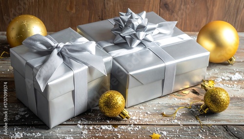 Wallpaper Mural Silver gift boxes with gold ornaments on a wooden surface Torontodigital.ca