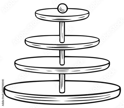 Decorative tiered stand outline sketch illustration with four levels for serving cakes, sweets, desserts and appetizers