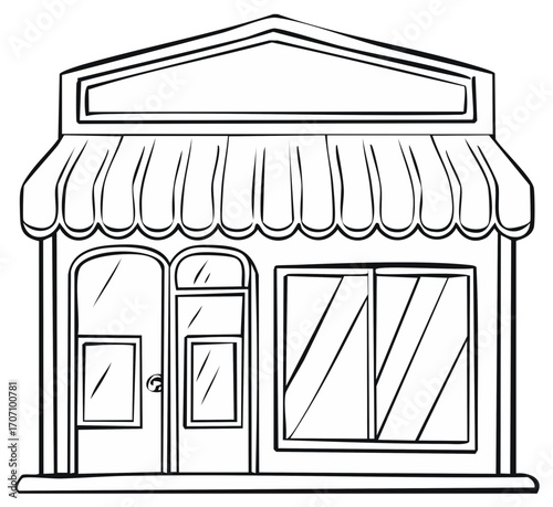 Black and White Illustration of a Storefront with Awning, Door, Windows, and Signage