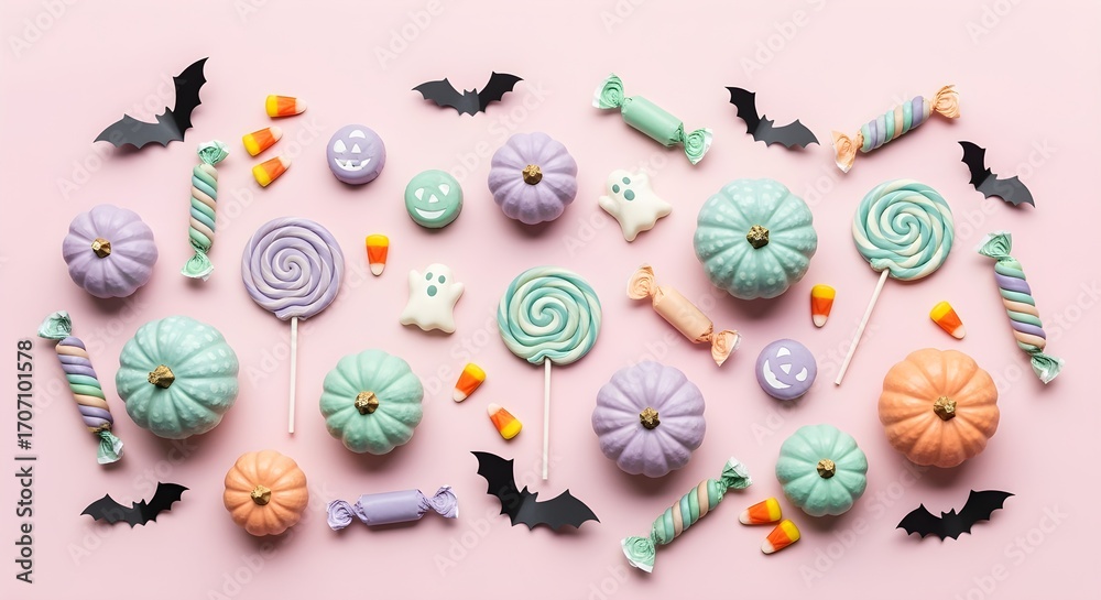Fototapeta premium Flatlay of pastel-colored Halloween candies, pumpkins, and bats on a pink background.
