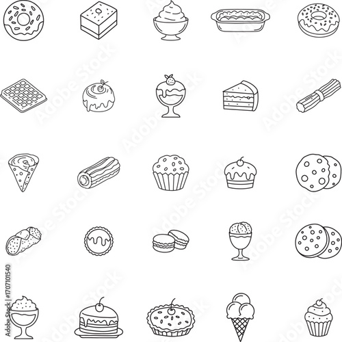 Bakery Desserts and Sweet Food Doodle Style Icon Set