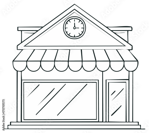 Illustration of a Storefront with Awning, Clock, and Window Displays Featuring a Stylized, Line-Art Composition.