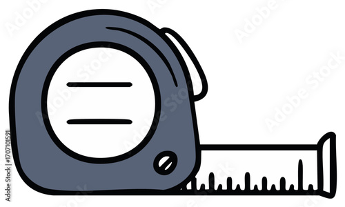Drawn tape measure tool with extended tape and markings
