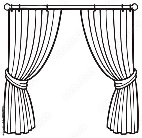 Illustrated Drawing of Curtains Tied Open, Draperies on a Rod Revealing a Bright Center Stage