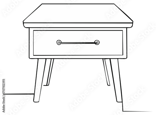 Simple black and white line drawing of a retro bedside table with one drawer