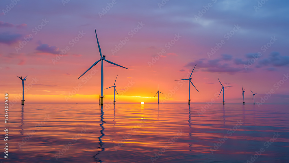 Obraz premium A single wind turbine spins in the sunset, generating alternative energy for a greener environment
