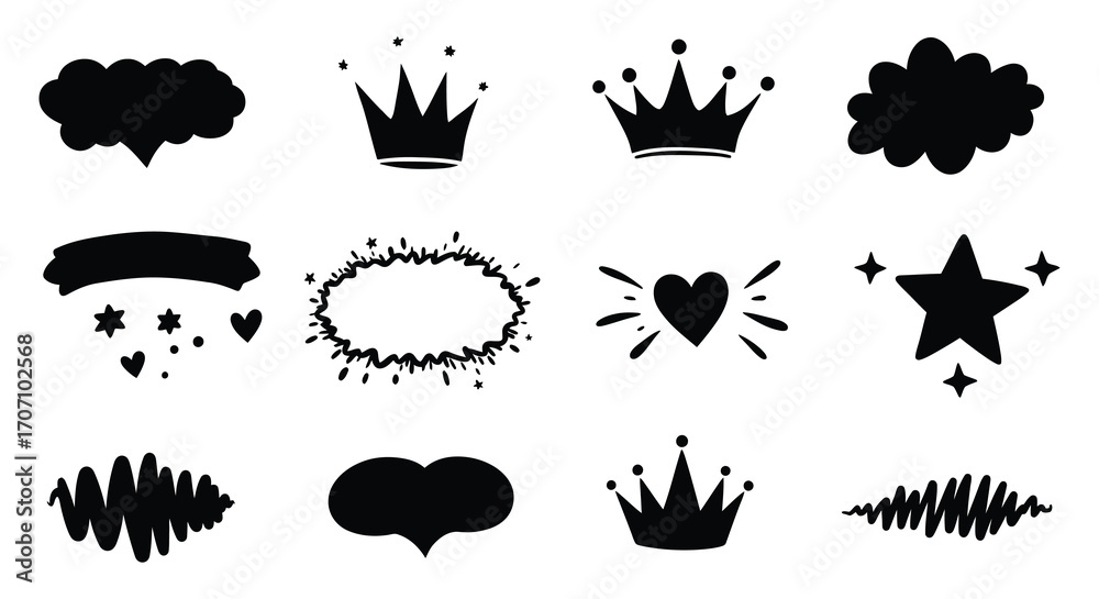 Naklejka premium Hand drawn black vector elements set crowns stars hearts speech bubbles