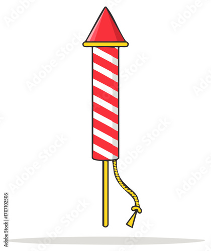 A festive red and white striped cartoon firework rocket with a yellow fuse and stick ready for celebration