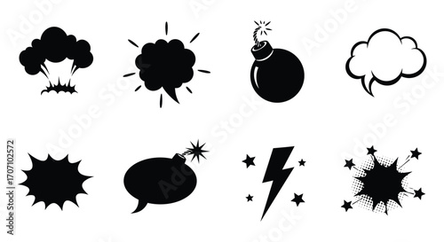 Comic Book Style Explosion and Speech Bubble Silhouette Vector Set
