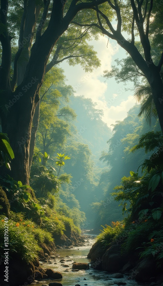 Obraz premium Serene river flowing through lush jungle landscape