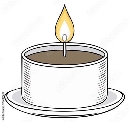 Single burning tea light candle in a white container with a saucer illustration