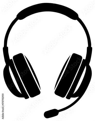Black headphones illustration with microphone icon for gaming, podcasting, or customer service use