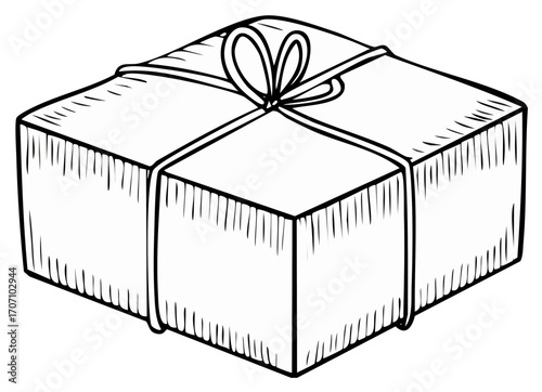 Hand drawn sketch of a gift box tied with a simple string bow line art illustration