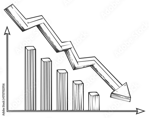 Hand drawn falling graph line over declining bar chart representing economic recession and business loss