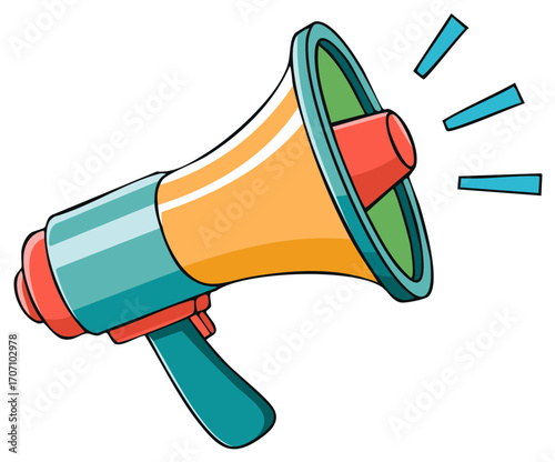 Colorful cartoon megaphone illustration with sound waves on white background