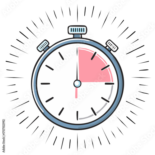 Cartoon Stopwatch Showing Elapsed Time with Rays of Light