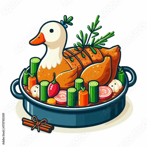 Cartoon duck dish glazed duck with veggies in a pot cinnamon sticks