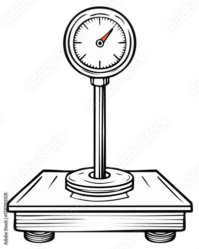 Illustration of a platform scale with an analog dial. Weight measurement scale. Vintage scale equipment. Vector outline image.