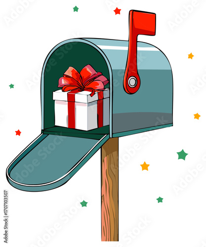 Festive mailbox with a gift box inside decorated with a bow, holiday surprise delivery, Christmas or Birthday theme, star shapes, vector illustration