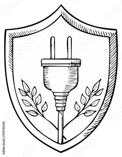 Green energy protection symbol with electric plug in a shield surrounded by natural leaves
