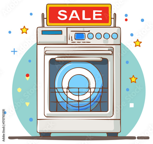 Dishwasher sale sign cartoon illustration. Cleaning appliances discount concept.