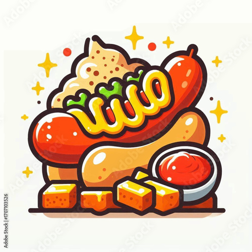 Cartoon hotdog with toppings ketchup and cheese cubes