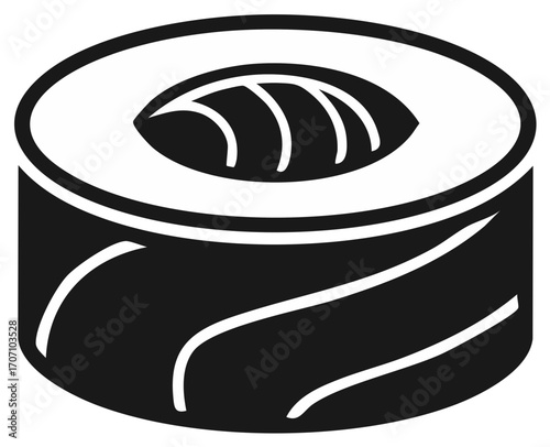 Monochrome vector graphic illustration of a sushi roll featuring classic Japanese cuisine