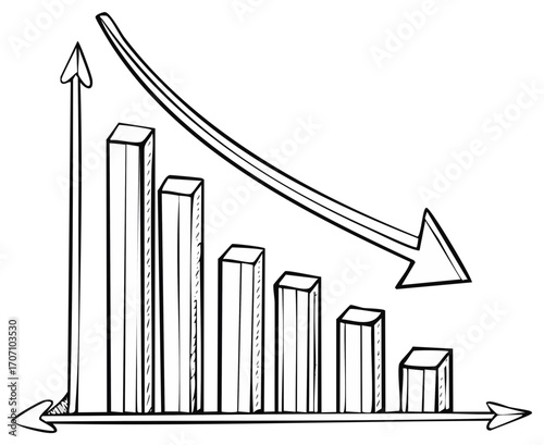 Hand-Drawn Graph Chart Illustrating Decline, with Arrow Signifying Downturn, Shows Negative Growth and Falling Market Trends