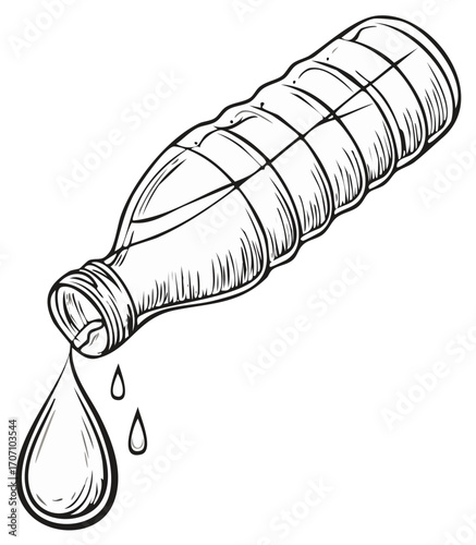 Plastic water bottle pouring out liquid drops in a hand drawn sketch illustration