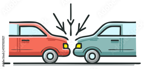 Illustration of a head-on automobile collision between two cars, showcasing a front-end car accident and potential damage
