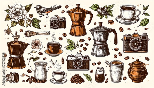 Vintage coffee and photography themed illustration